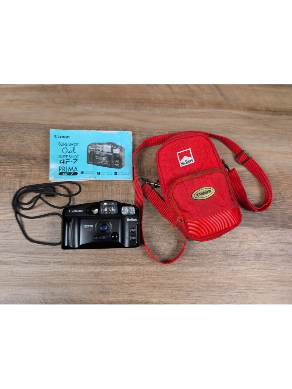 Canon Sure Shot Owl Marlboro 35mm Camera w/Red Marlboro Case